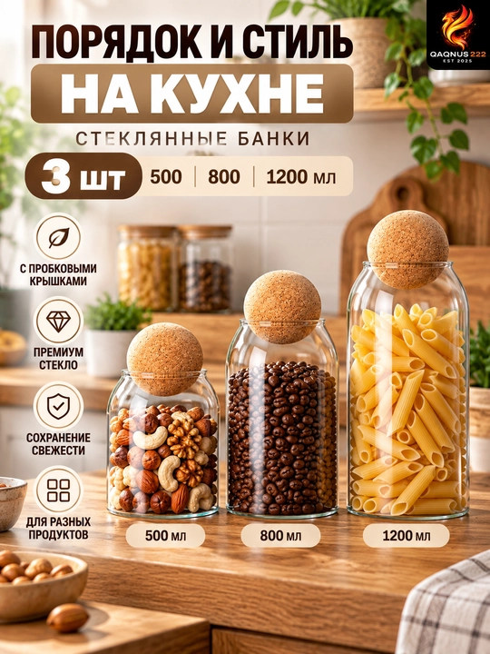Набор банок для хранения 3 шт, с бамбуковыми крышками, для круп, чая и кофе