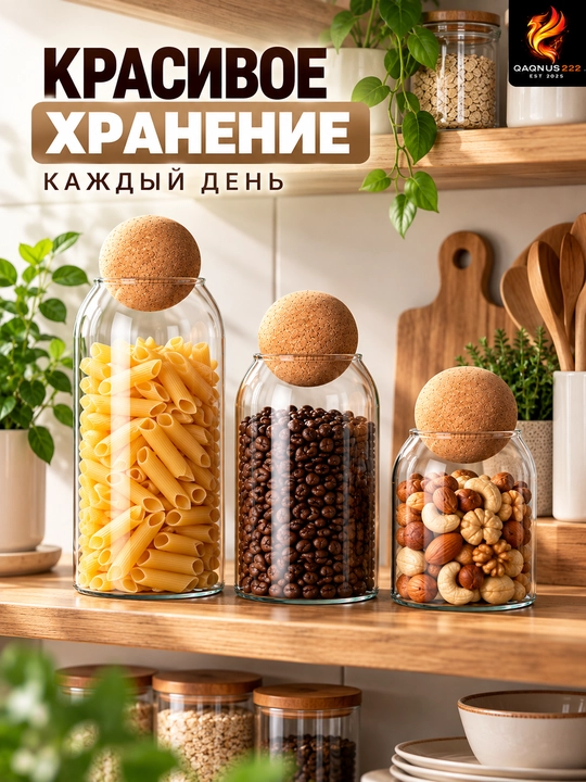 Набор банок для хранения 3 шт, с бамбуковыми крышками, для круп, чая и кофе
