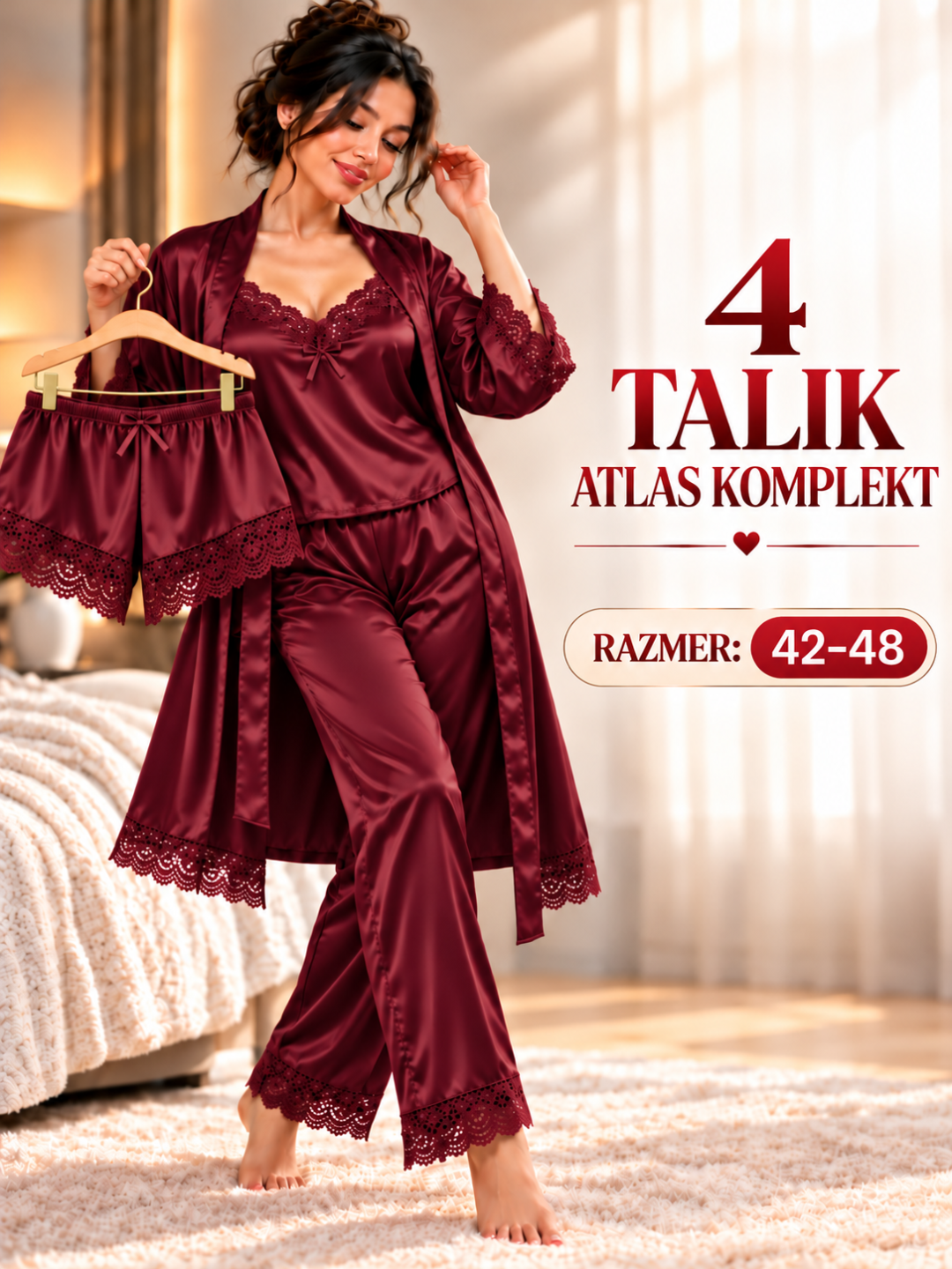 Женский атласный комплект с халатом, пижамой, шортами, 4 предмета, 42–48 - 