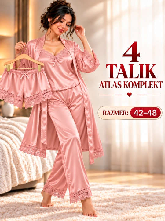 Женский атласный комплект с халатом, пижамой, шортами, 4 предмета, 42–48 - 