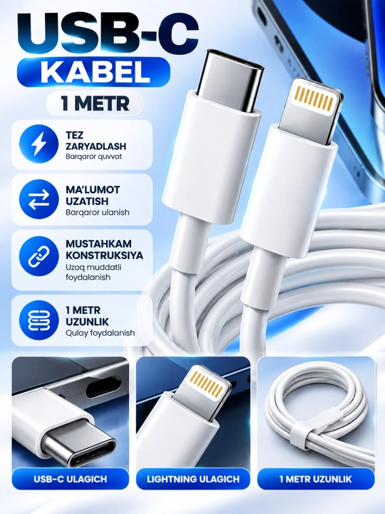 USB-C dan Lightning kabel, 1 metr, zaryadlash va ma’lumot uzatish uchun - 
