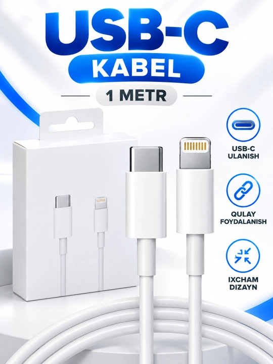 USB-C dan Lightning kabel, 1 metr, zaryadlash va ma’lumot uzatish uchun