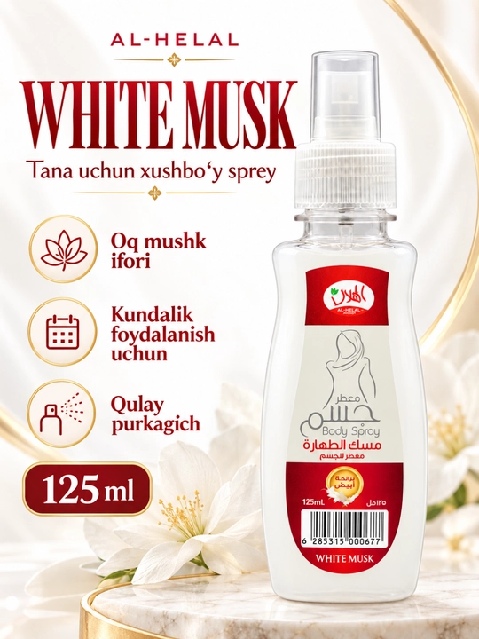 AL-HELAL White Musk tana uchun xushbo‘y sprey, oq mushk Musk Al Tahara, 125 ml - 