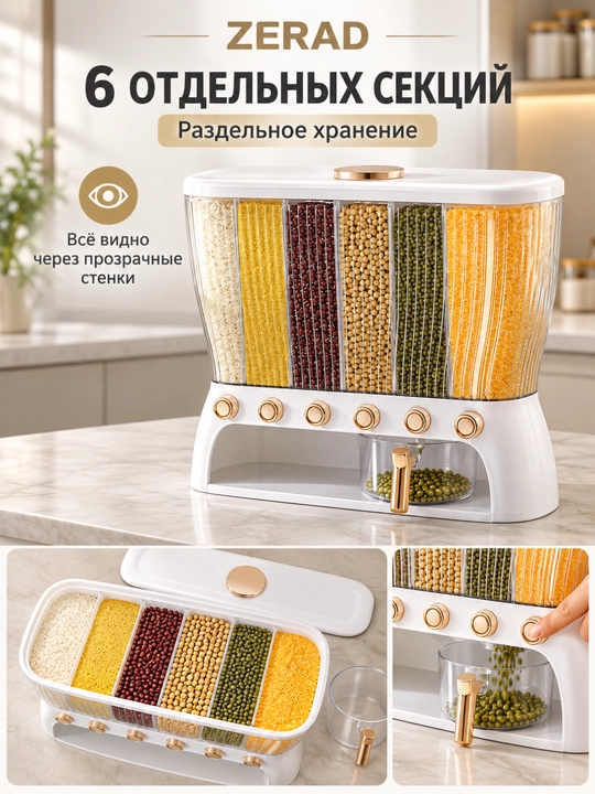 Диспенсер для риса и круп на 6 секций, кухонный контейнер-органайзер