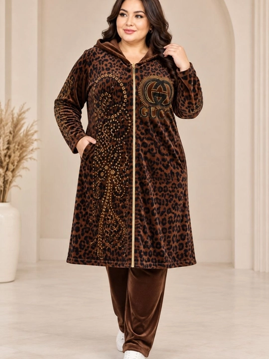 Ayollar velur xalati, leopard naqshli kostyumi, kapyushonli xalat, 50–60 razmer, uy kiyimi