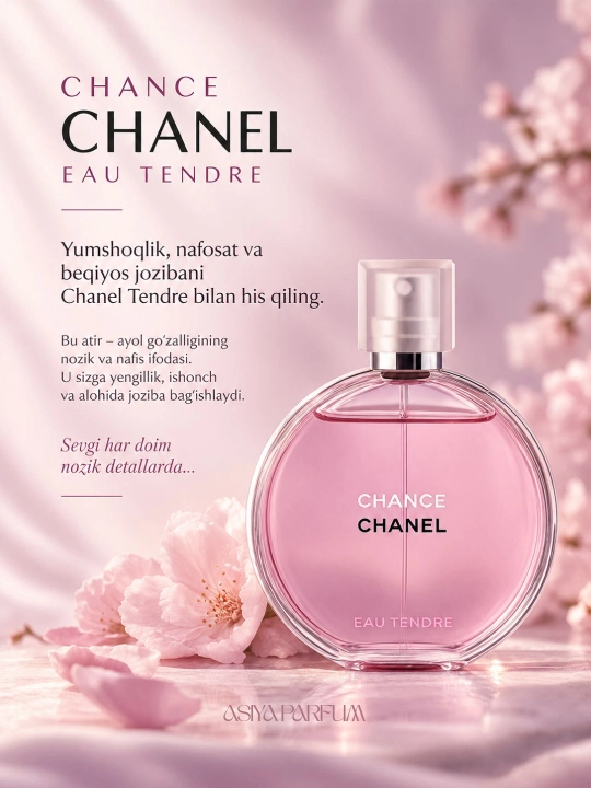 Chanel Chance Eau Tendre ayollar va qizlar uchun atir, yozgi joziba, sovg‘a uchun, 50 ml - 