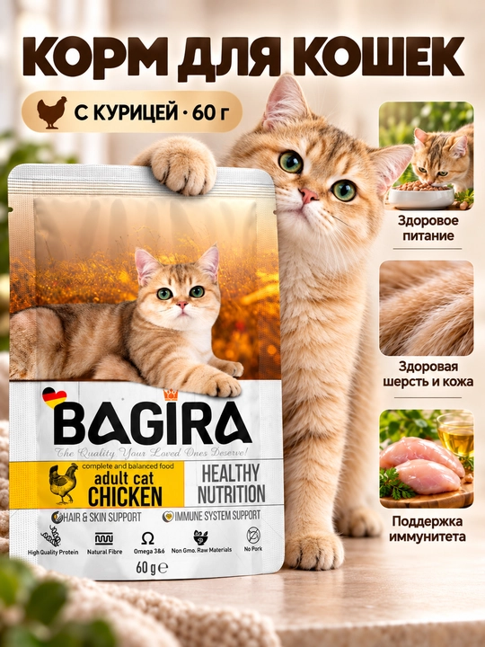 BAGIRA mushuk va mushukchalar uchun to‘liq ratsionli ozuqa, tovuq yoki losos, 60 g - 