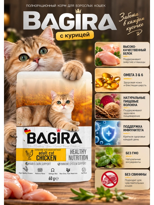 Корм для кошек и котят BAGIRA, полнорационный, с курицей или лососем, 60 г