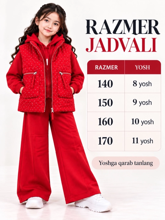Qiz bolalar uchun 3 qismli sport kostyumi — nimchali troyka