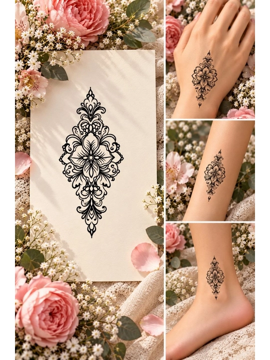 Mandala naqshli vaqtinchalik tatuirovka, qizlar uchun qora rangli gul naqshi, qo‘l va tana - 