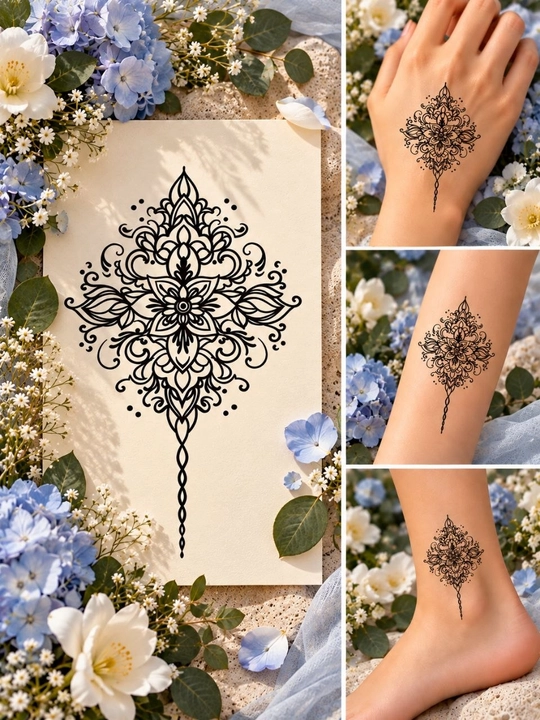 Mandala naqshli vaqtinchalik tatuirovka, qizlar uchun qora rangli gul naqshi, qo‘l va tana - 