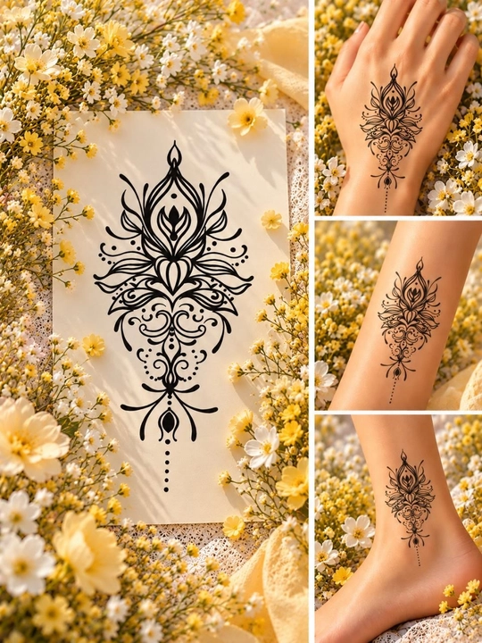Mandala naqshli vaqtinchalik tatuirovka, qizlar uchun qora rangli gul naqshi, qo‘l va tana - 