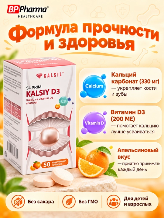 Suprim Kalsiy D3, apelsin ta'miga ega tabletkalar, kattalar va bolalar uchun, 50 dona