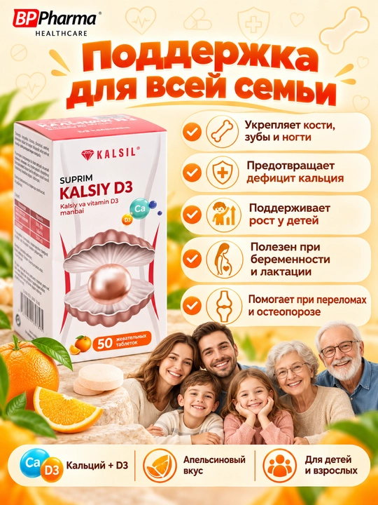 Suprim Kalsiy D3, apelsin ta'miga ega tabletkalar, kattalar va bolalar uchun, 50 dona