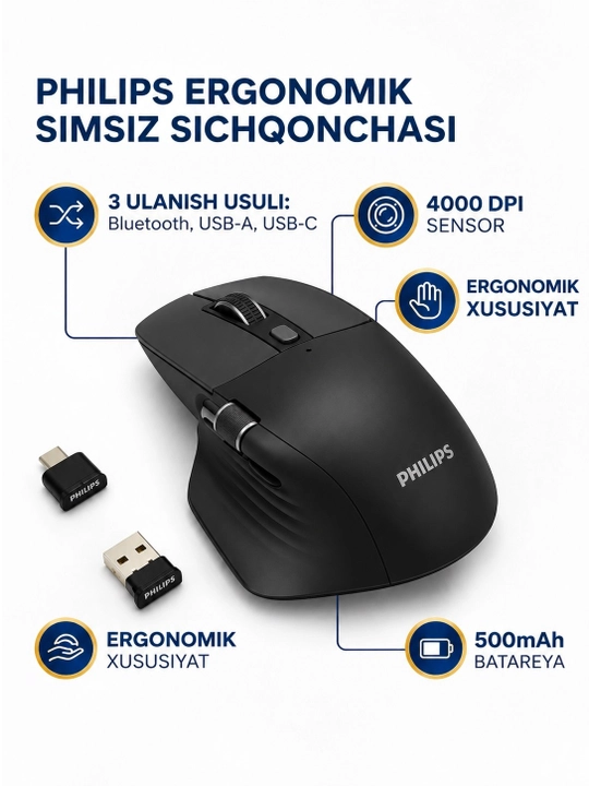 Simsiz kompyuter sichqonchasi Philips, Bluetooth va USB, USB-C zaryadli