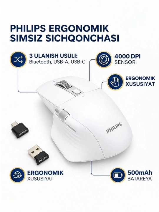 Simsiz kompyuter sichqonchasi Philips, Bluetooth va USB, USB-C zaryadli