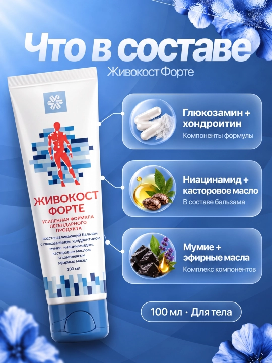 Живокост Форте — балзам с мумие, глюкозамином и хондроитином для суставов и мышечных болей