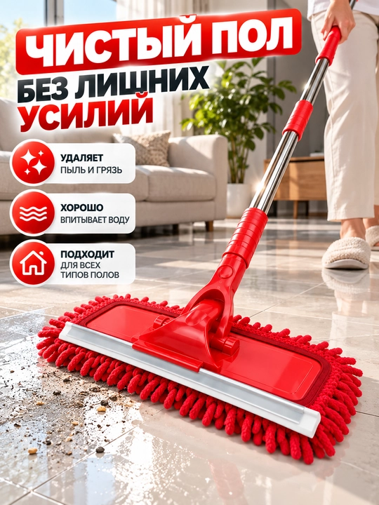 Швабра 2 в 1 с микрофиброй и сгоном для воды, телескопическая ручка, для пола и окон