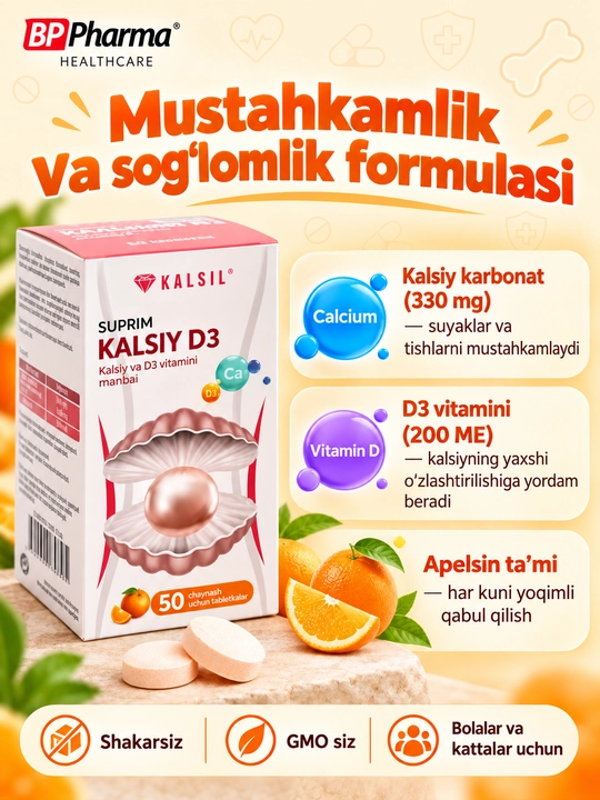 Suprim Kalsiy D3, apelsin ta'miga ega tabletkalar, kattalar va bolalar uchun, 50 dona - 