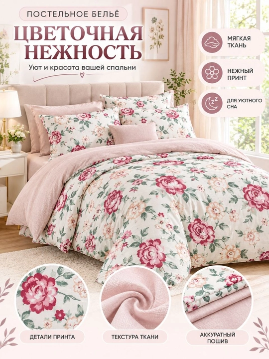 Комплект постельного белья 3 предметов, пододеяльник, простыня - 