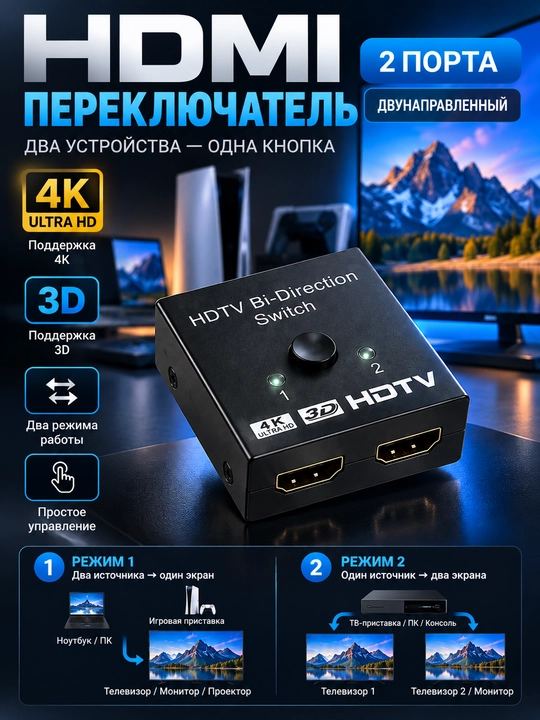 HDMI переключатель на 2 порта, двунаправленный, поддержка 4K и 3D - 