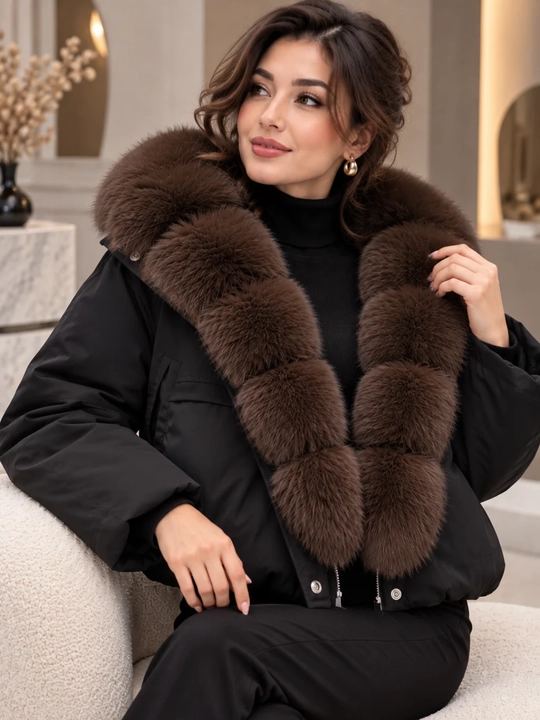 Qalin mo‘yna yoqali ayollar qishki kurtkasi - zamonaviy qisqartirilgan model