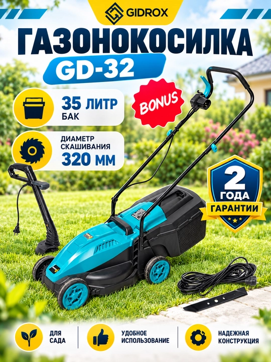 Gazonkasilka,Elektr gazon o‘rish mashinasi GIDROX GD-32 1000Vt, 320 mm,trimmer bilan, 10 m - 
