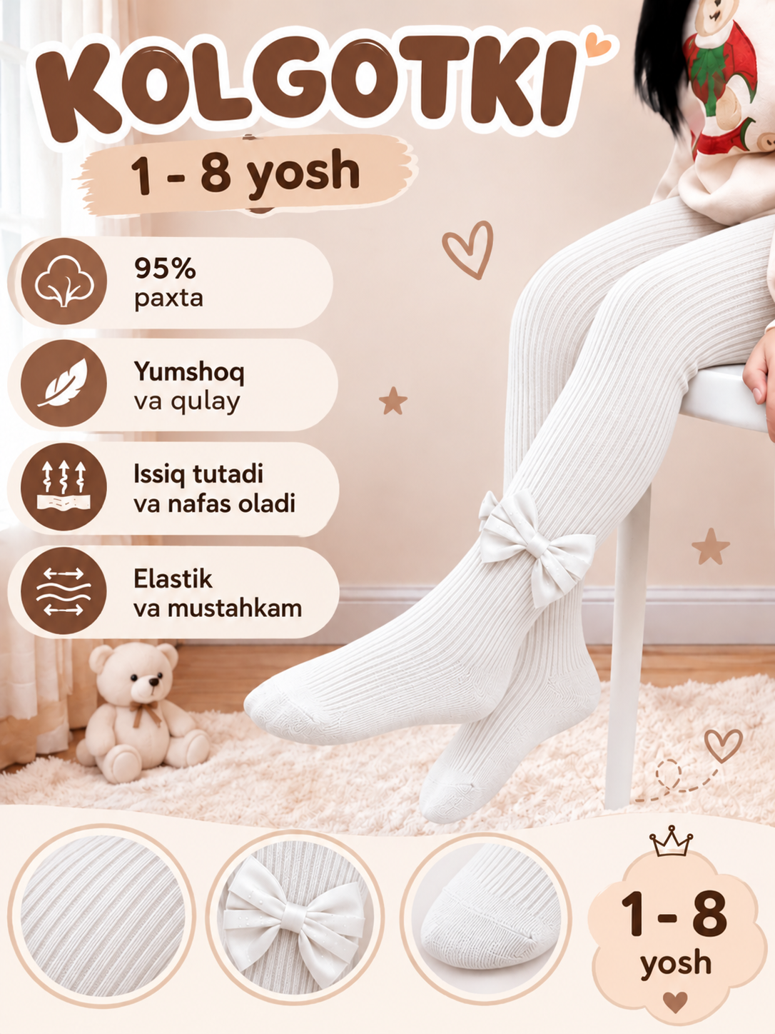 Qizlar uchun bantikli uzun paypoq-kolgotka 1–8 yosh S-1, M-2, L-3, Xl-4-5, Xxl-6-7, Xxxl-7-8 - 