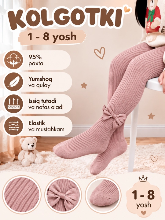 Qizlar uchun bantikli uzun paypoq-kolgotka 1–8 yosh S-1, M-2, L-3, Xl-4-5, Xxl-6-7, Xxxl-7-8 - 
