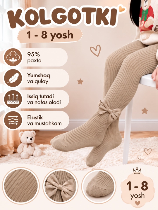 Qizlar uchun bantikli uzun paypoq-kolgotka 1–8 yosh S-1, M-2, L-3, Xl-4-5, Xxl-6-7, Xxxl-7-8 - 