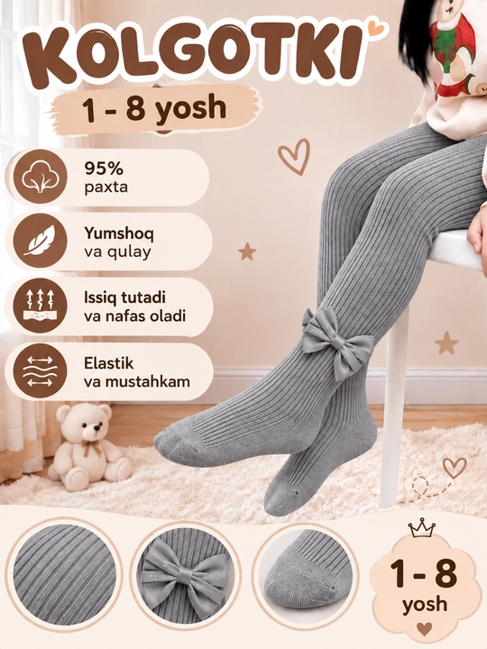 Qizlar uchun bantikli uzun paypoq-kolgotka 1–8 yosh S-1, M-2, L-3, Xl-4-5, Xxl-6-7, Xxxl-7-8 - 