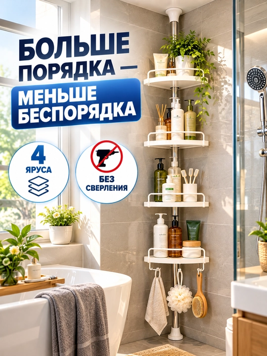 Vanna uchun burchak tokcha, teleskopik, 4 qavatli, teshmasdan o‘rnatiladi, 260 sm