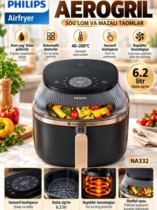 Аэрогриль Philips, электрическая аэрофритюрница, сенсорное управление, для кухни - 
