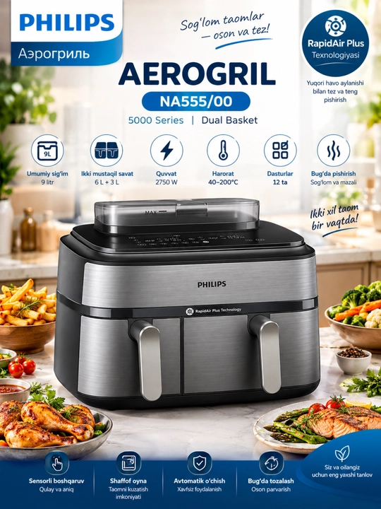 Philips aerogril, elektr havo frituryasi, sensorli boshqaruv, oshxona uchun