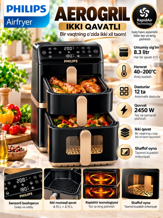 Philips aerogril, elektr havo frituryasi, sensorli boshqaruv, oshxona uchun