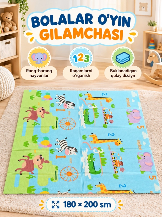 Bolalar uchun ikki tomonlama buklanadigan o‘yin gilamchasi kovrik