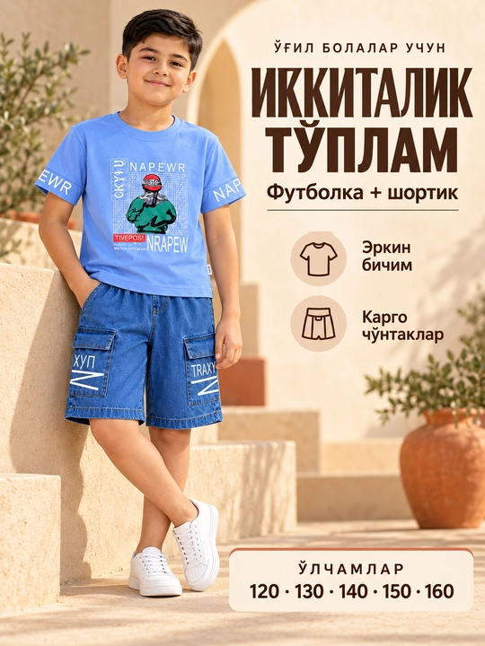 Двойка для мальчиков: футболка с принтом и джинсовые шорты-карго, 120–160