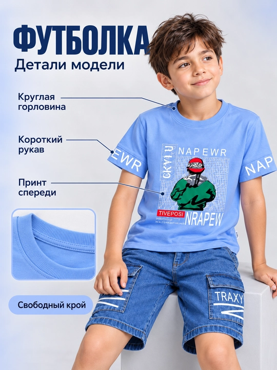 Двойка для мальчиков: футболка с принтом и джинсовые шорты-карго, 120–160