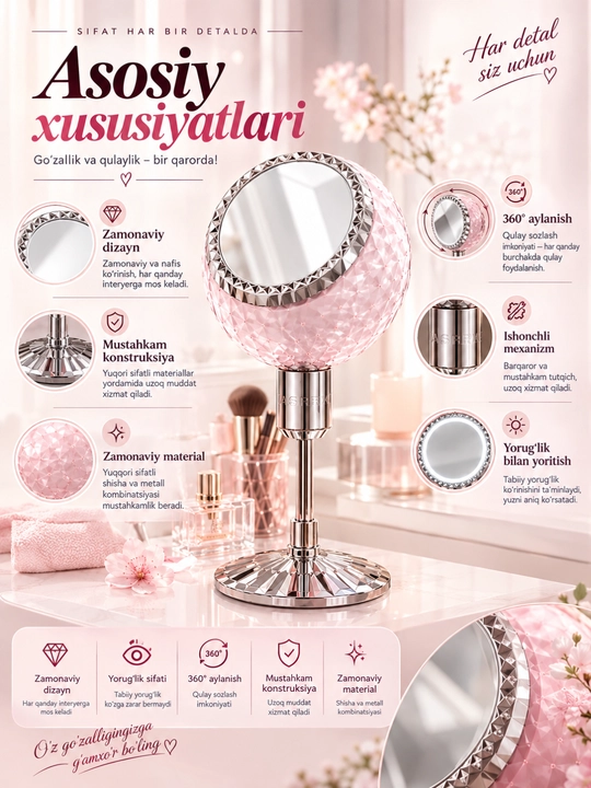 Oyna makiyaj uchun, kottalashtirib ko'rsatadigan oyna
