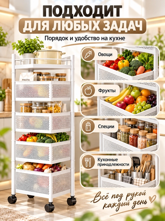 Органайзер для кухни, 5-ярусная металлическая полка на колесиках, для фруктов и овощей