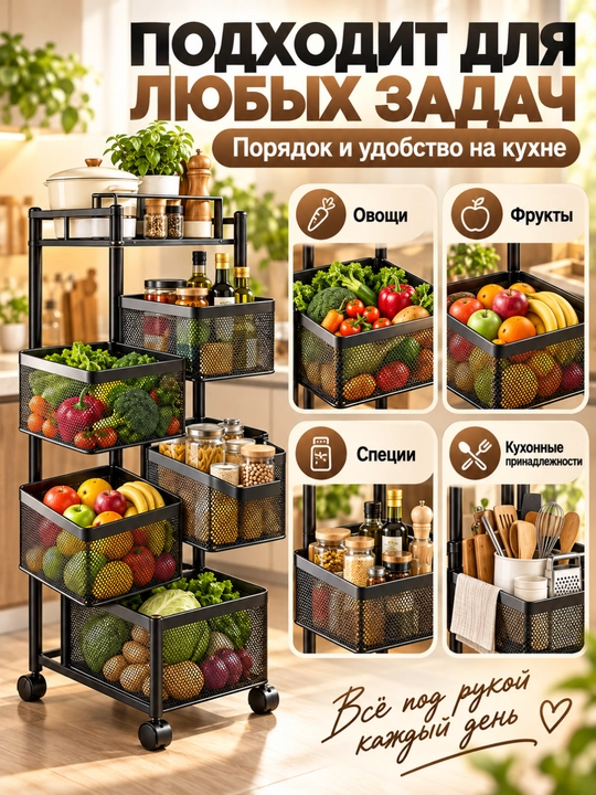 Органайзер для кухни, 5-ярусная металлическая полка на колесиках, для фруктов и овощей