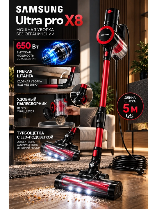Samsung Ultra Pro X8 vertikal changyutgich, 650 W, LED turbocho‘tka, 0,6 l - 
