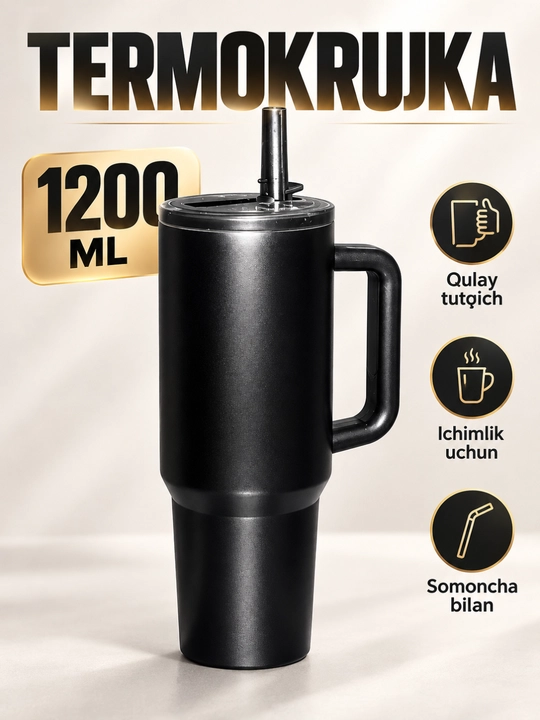 Termos stakan 1200 ml, suv uchun idish, tutqichli somonchali avtomobil stakani - 
