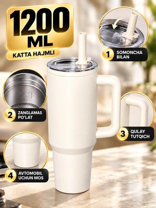 Termos stakan 1200 ml, suv uchun idish, tutqichli somonchali avtomobil stakani