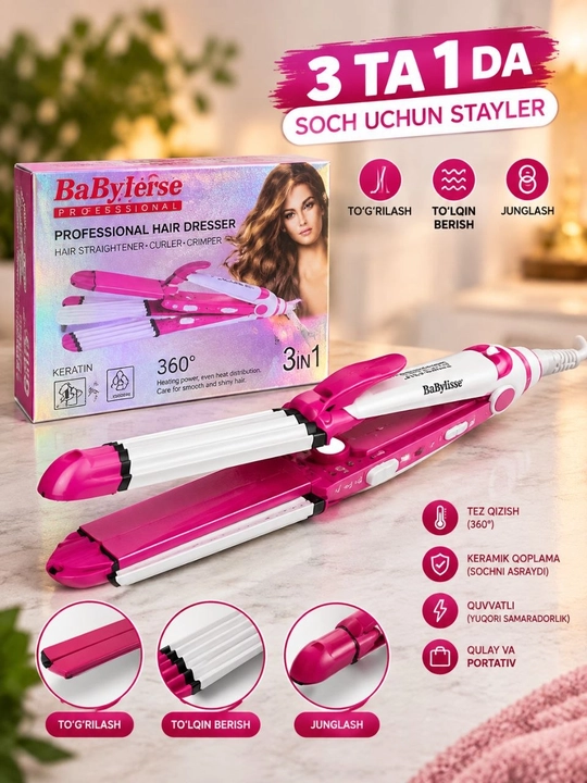 BaByliss 3 tasi 1 da soch turmaklagich, tekislagich, jingalak va gofre - 