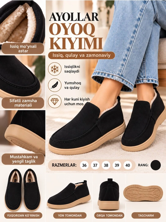 Ayollar qishki tuflisi, ichi mo‘ynali issiq slipon, qalin taglikli poyabzal 36–40