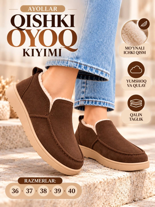 Ayollar qishki tuflisi, ichi mo‘ynali issiq slipon, qalin taglikli poyabzal 36–40