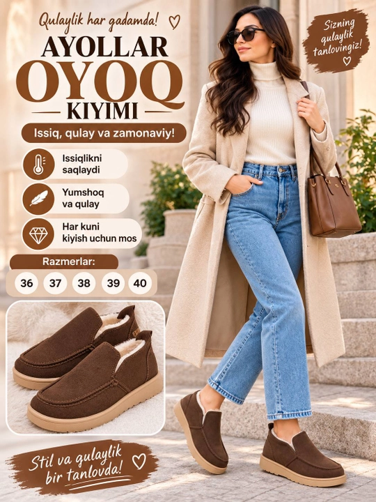 Ayollar qishki tuflisi, ichi mo‘ynali issiq slipon, qalin taglikli poyabzal 36–40