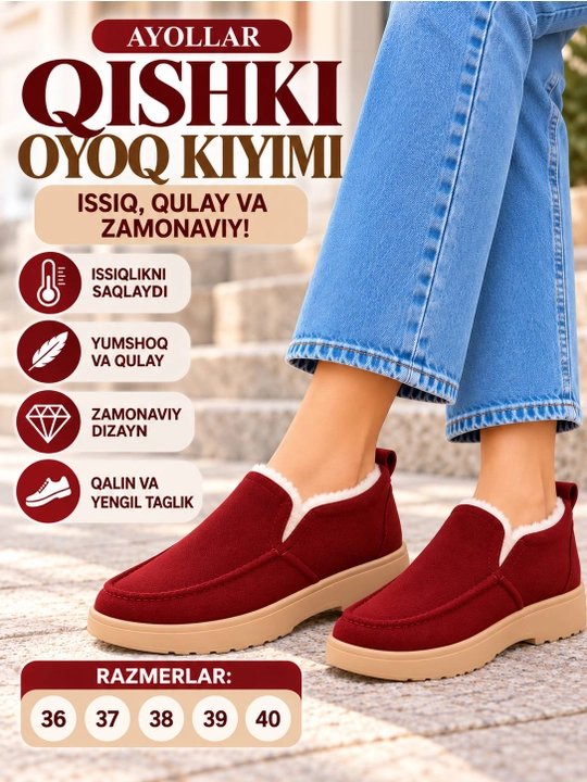 Ayollar qishki tuflisi, ichi mo‘ynali issiq slipon, qalin taglikli poyabzal 36–40 - 