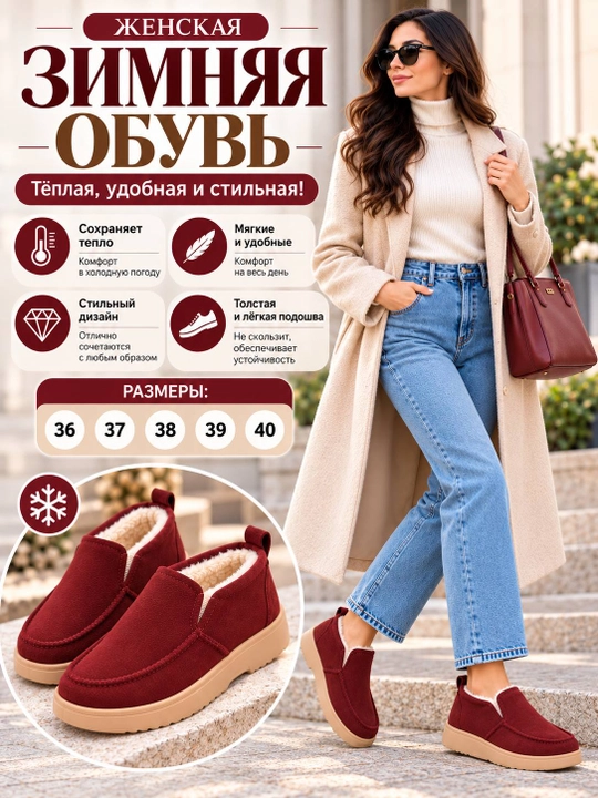 Ayollar qishki tuflisi, ichi mo‘ynali issiq slipon, qalin taglikli poyabzal 36–40